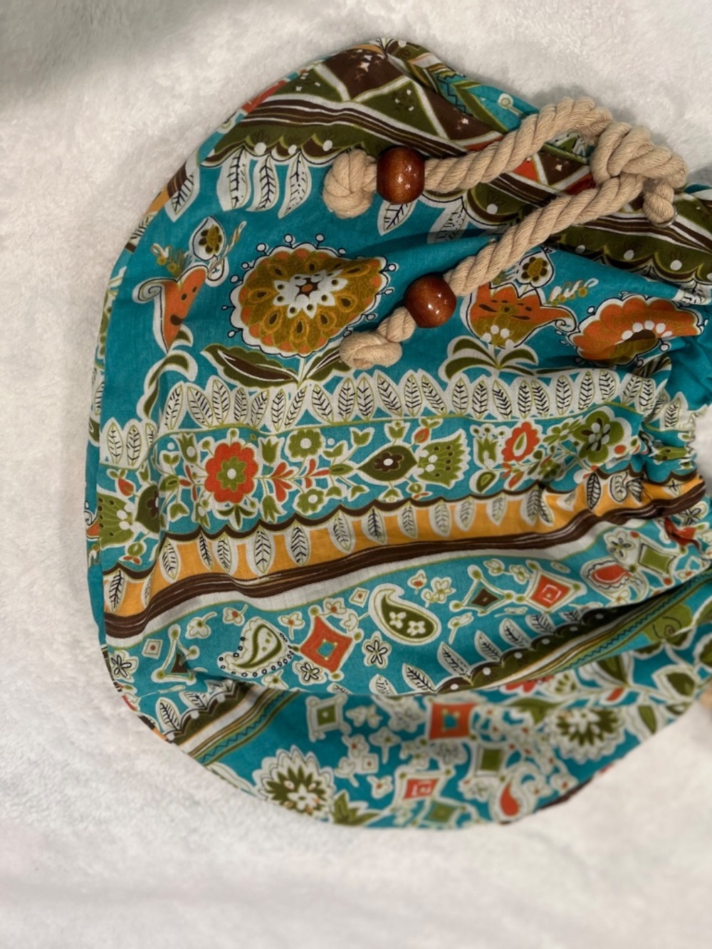 Boho Quilted Rope-Handle Drawstring Tote in Teal Floral - Picture 4 of 7